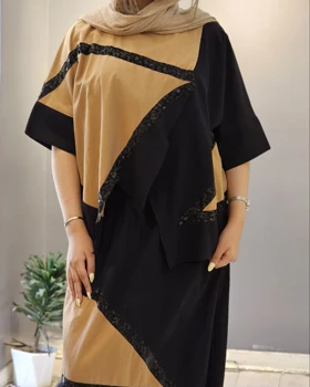 ست شومیز و دامن زنانه چرم دوزی رنگ ترکیبی مشکی کرم لینن وارداتی 7137