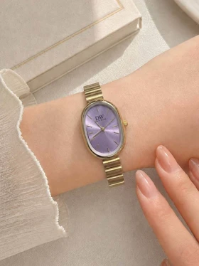 ساعت مچی زنانه بیضی DW بند طلایی کد W509 (بنفش)