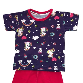 ست تیشرت آستین کوتاه و شلوارک دخترانه مدل اسب تک شاخ PJ1090 رنگ بنفش