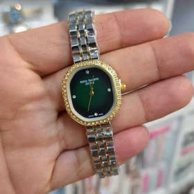 ساعت مچی زنانه پتک فیلیپ Patek Philippe موتور کوارتز باکیفیت و طراحی زیبا (نقره ای صفحه سبز)