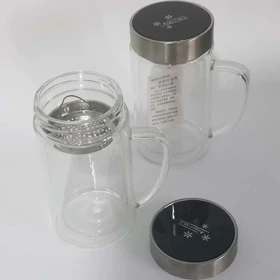 لیوان دمنوش دو جداره پیرکس با درب استیل 400 میلی لیتر