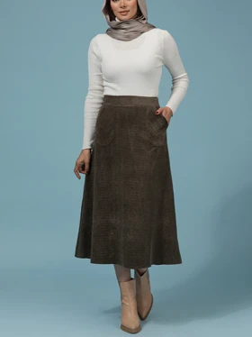 دامن زنانه مخمل کله قندی میدی جیب‌دار 20108