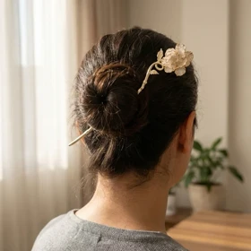 کانزاشی مو زنانه فلزی طرح گل با جلوه طلایی مدل آوریلا