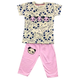 ست تیشرت آستین کوتاه و شلوار دخترانه مدل پاندا کد PJ1064 رنگ کرم