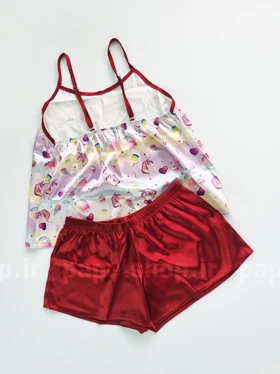 ست لباس خواب تاپ و شورتک ساتن طرح اسب شاخ دار و بستنی