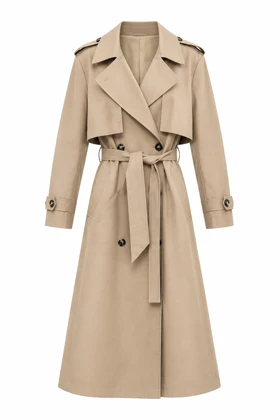 ترنچ‌کت بلند زنانه – کمربنددار بژ کلاسیک (Long Beige Trench Coat)