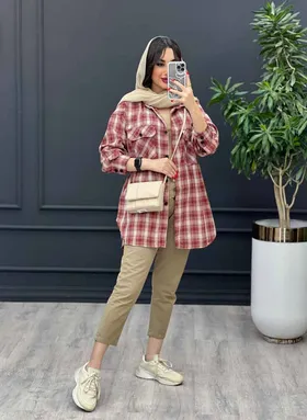 مانتو چهارخونه جیب پاکتی آستین دو دکمه