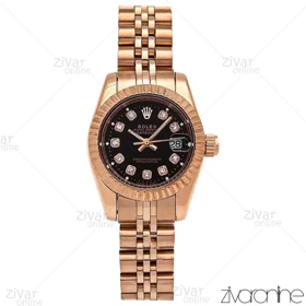 ساعت رولکس دیت جاست زنانه رزگلد مشکی ایندکس نگین‌دار اسمال 106735
