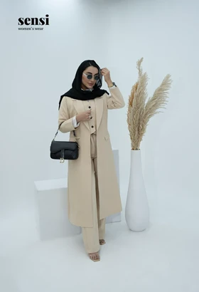 ست سه تیکه مانتو شلوار مازراتی کج راه بلند