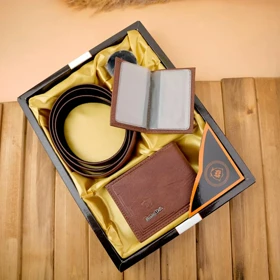 ست چهار تکه کیف پول کمربند و جاکارتی مردانه چرمی massimo dutti-2 (عسلی)