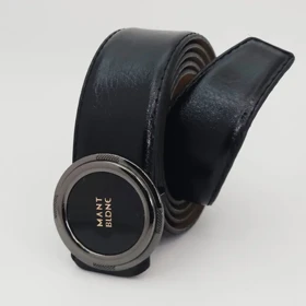 کمربند مردانه چرم مصنوعی (فوم) دور دوخت با سگک استیل شیشه‌ای کد 30609س (مشکی سگک مشکی منت بلنک)