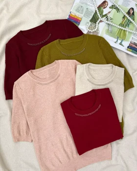 بلوز بافت آستین سه ربع یقه مروارید کد 5291