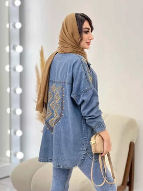 مانتو جین سرشانه گلدوزی 5414