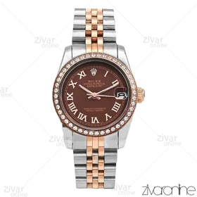 ساعت رولکس دیت جاست زنانه صفحه قهوه ای ایندکس یونانی دور نگین 106299