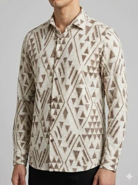 پیراهن کنفی مردانه آستین بلند طرحدار کرم موکا801