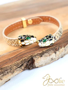 دستبند چرم ماری بولگاری کد B2221 (کرم)