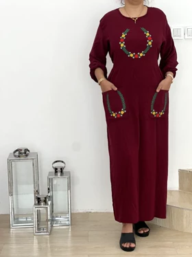 پیراهن ململ گلدوزی دوجیب U7470 (زرشکی)