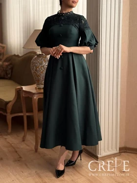 پیراهن میدی بالاتنه گیپور آستین پفی