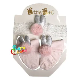 ست جوراب و هدبند دخترانه Little Gift طرح خرگوش پوم دار صورتی