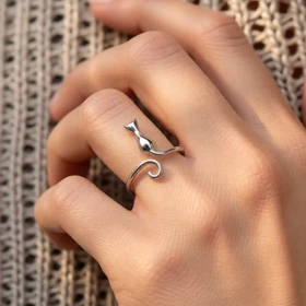 انگشتر فری سایز نقره 925 اصل مدل گربه مینیمال