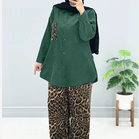 ست تونیک و شلوار زنانه مخمل کبریتی پلنگی