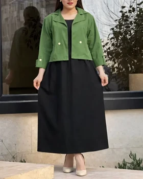 ست کت و سارافون لینن وارداتی یقه انگلیسی 7336 (سبز ارتشی)