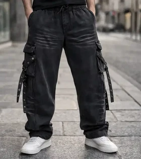 محصول فوق لوکس#شلوار جین فول بگ مشکی (Wide Leg) با جزییات بندی کارگو فوق‌العاده خفن استایل لش استریت 2026 کد9702