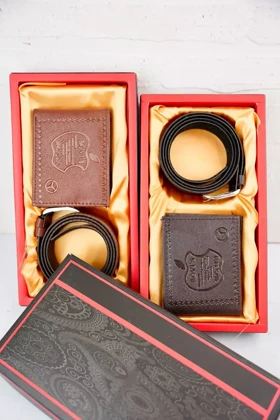 ست دو تکه کیف پول و کمربند مردانه چرمی (قهوه ای)