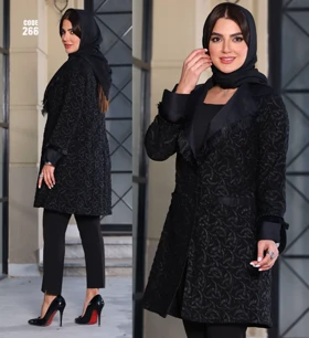 مانتو مجلسی طرح دار یقه و آستین ریش