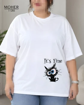 تیشرت زنانه سایز بزرگ سفید طرح گربه It’s Fine