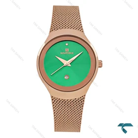 ساعت حصیری زنانه نیوی فورس NF5004 بند حصیری رزگلد صفحه سبز NaviForce-7680-L
