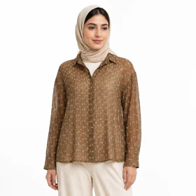 شومیز شاین شیشه ای دوتیکه کراپ دار (شکلاتی،طرح miumiu)وارداتی