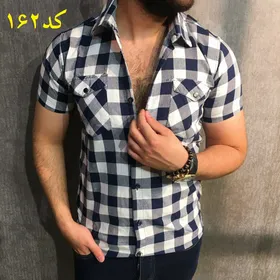 پیراهن چهارخانه نخی رنگ سفید سرمه ای
