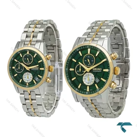 ساعت ست سیکو سه موتوره کورنوگراف دورنگ طلایی صفحه سبز Seiko-7834-S