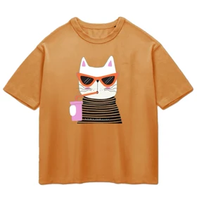تیشرت باکسی پپا طرح KittyCat رنگ دارچینی