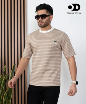 تیشرت خردلی رینگری باکسی مردانه پارچه غواصی گرماژ بالا فول کش