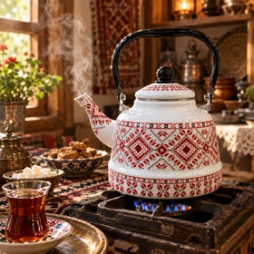 کتری لعابی مراکشی سفید و قرمز طرحدار