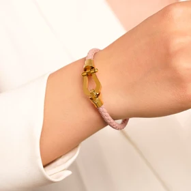 دستبند چرم امگا برند استیل قفل طلایی رنگ صورتی