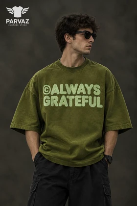 تیشرت باکسی دونخ پارچه سنگین مدل always grateful _ سبز سدری