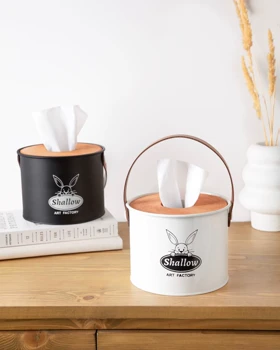 جا دستمال کاغذی با درب چوبی و بند چرمی