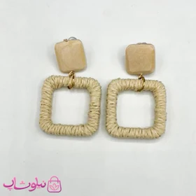 گوشواره فانتزی دخترانه کنفی طرح مربع کرم رنگ