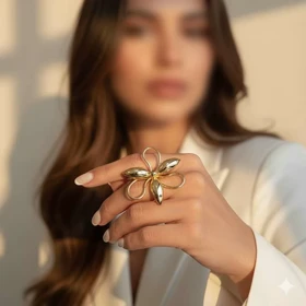 انگشتر گل درشت طلایی کوکتل رینگ فری سایز