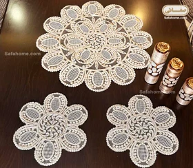 رومیزی قیطان دوزی 3 تکه گرد مدل صدف لمه دار شیری