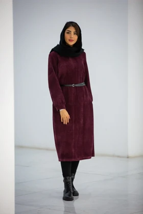 پالتو بلند کفتان زنانه یقه گرد بیسکوییتی