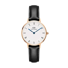 ساعت DW زنانه بند چرم رزگلد مشکی صفحه سفید ایندکس یونانی DW-5507-L