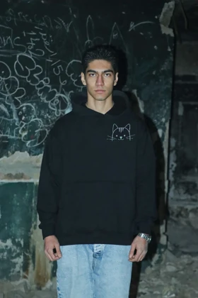 هودی مشکی اسپرت مینیمال طرح گربه 2 - فواصل