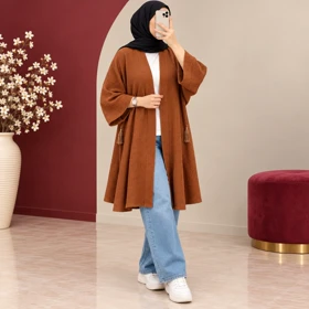 مانتو کیمونو پارچه کراش جلوباز کد 6080 (آجری)