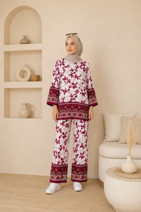 ست بلوز و شلوار نخی طرح برگ کد 50015 (سرخابی)