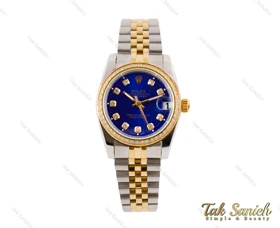 ساعت رولکس زنانه طلایی نقره ای نگین‌دار صفحه سرمه ای Rolex-3510-L