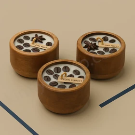 شمع معطر با ظرف چوبی و دانه‌های قهوه طبیعی